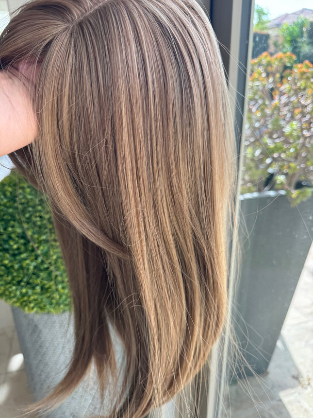 Tillstyle medium brown mix blondeHair Toppers For Women with butterfly Bangs ash brown