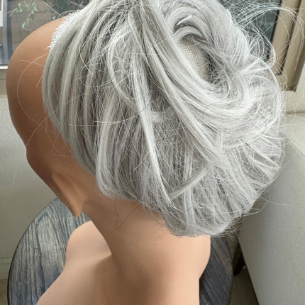 Tillstyle white silver hairbun scrunchie with straight hair bangs tousled updo