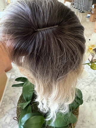 Tillstyle short white blonde wig ash brown roots wig loose body wave air bangs