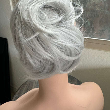 Tillstyle white silver hairbun scrunchie with straight hair bangs tousled updo
