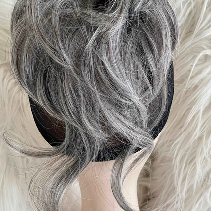 Tillstyle hairbun scrunchie with straight hair bangs hair piece grey with mixed white hair