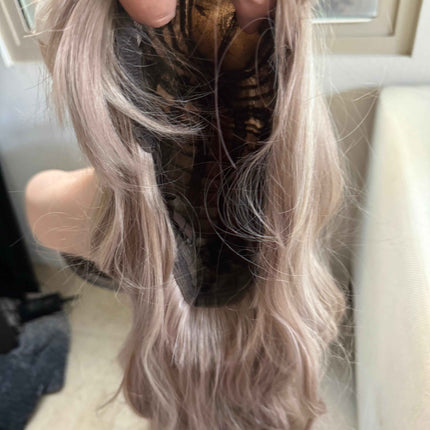 Tillstyle long  body wave wig ash  blonde with highlights wig with bangs layered synthetic