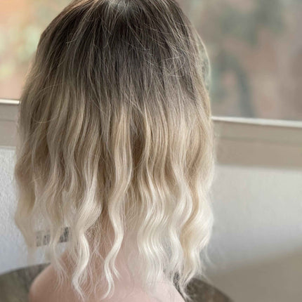 Tillstyle  short blonde wig ash brown roots wig loose body wave air bangs