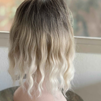 Tillstyle  short blonde wig ash brown roots wig loose body wave air bangs
