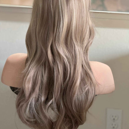 Tillstyle long  body wave wig ash  blonde with highlights wig with bangs layered synthetic