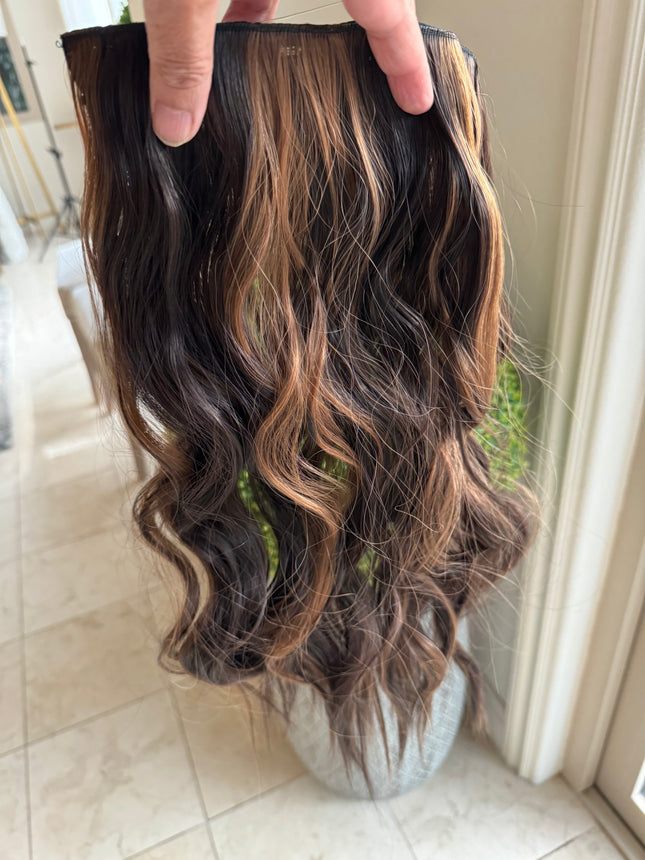 Till style brown highlighted loose body wave invisible wire hair extensions