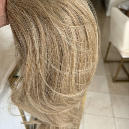 Tillstyle long wavy tied in half wig dirty blonde with ash blonde highlights water wave breathable base