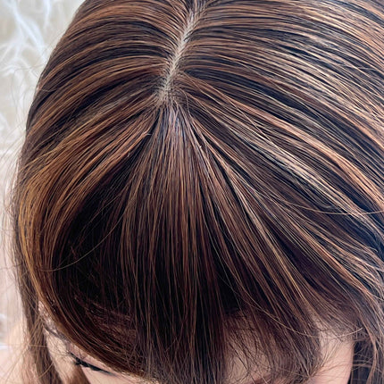 Synthetic hair toppers for women with bangs dark brown with orange highlights