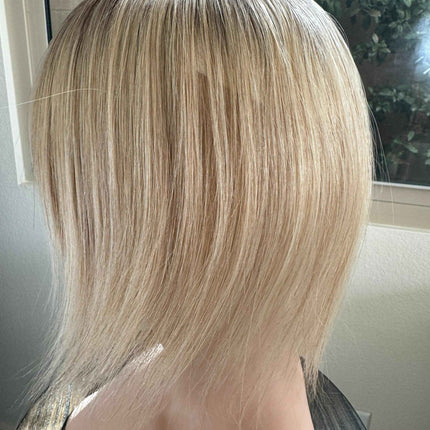 Till style remy human Hair Toppers with bangs bleach blonde/brown roots