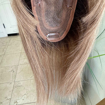 Till style remy human Hair Toppers with bangs ash brown highlighted