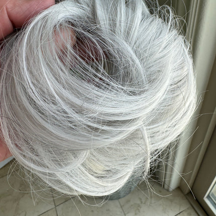 Tillstyle white silver hairbun scrunchie with straight hair bangs tousled updo