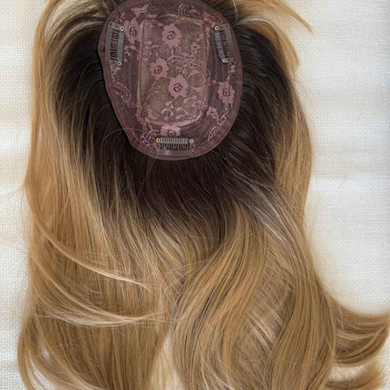 Synthetic hair topper with bangs ombre with dark brown roots clip in