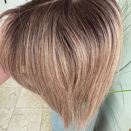 Till style remy human Hair Toppers with bangs ash brown highlighted