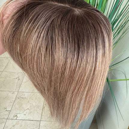Till style remy human Hair Toppers with bangs ash brown highlighted