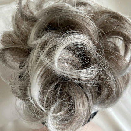 Tillstyle elastic messy bun hair piece curly hair bun hair extensions curly light grey blonde white ends