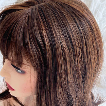 Synthetic hair toppers for women with bangs dark brown with orange highlights