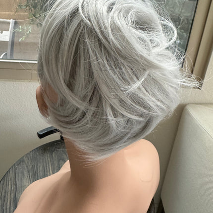 Tillstyle white silver hairbun scrunchie with straight hair bangs tousled updo