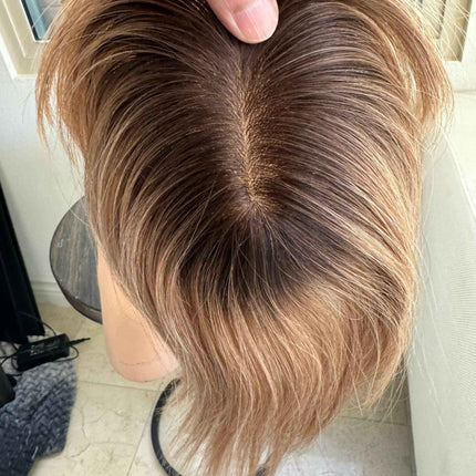 Till style remy human Hair Toppers with bangs brown with dark roots