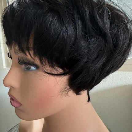Black Short layered pixie wigs for women human hair wigs with bangs glueless