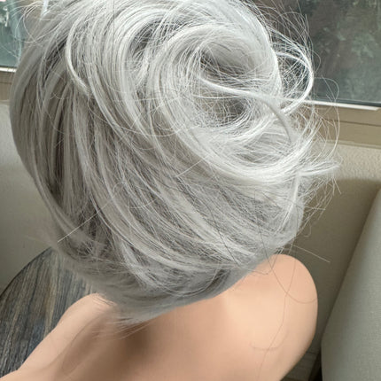 Tillstyle white silver hairbun scrunchie with straight hair bangs tousled updo