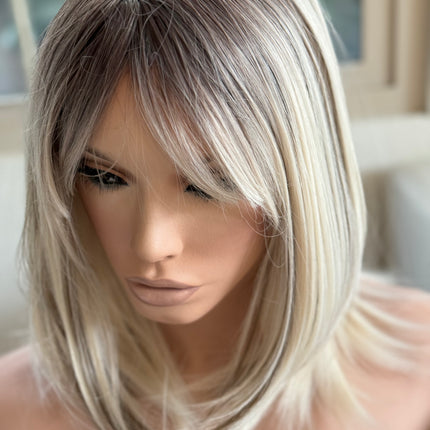 Tillstyle bleach blonde with ombre highlights wig with bangs layered synthetic wig