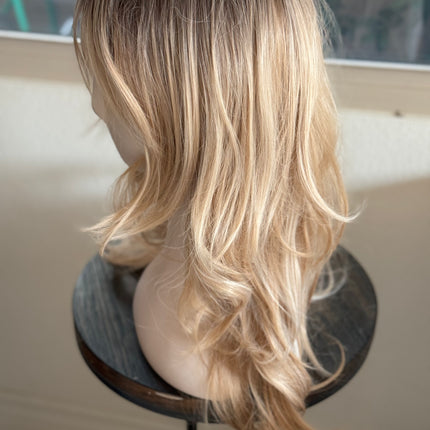 Tillstyle long  strawberry blonde wig with bangs ash brown roots blonde layered synthetic wig 22 inches