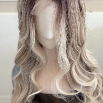 Tillstyle long ash brown bleach blonde wavy wig for women 26 inch middle part curly wavy wig