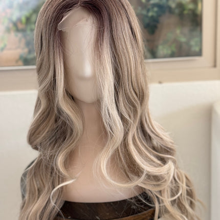 Tillstyle long ash brown bleach blonde wavy wig for women 26 inch middle part curly wavy wig