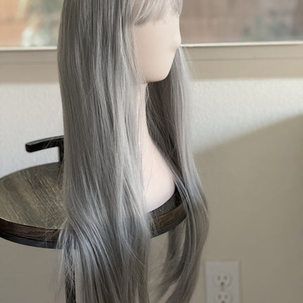Tillstyle long silver grey wig with bangs straight wig for women 26 inch