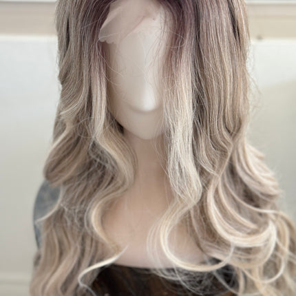 Tillstyle long ash brown bleach blonde wavy wig for women 26 inch middle part curly wavy wig