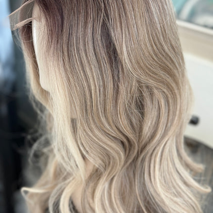 Tillstyle long ash brown bleach blonde wavy wig for women 26 inch middle part curly wavy wig
