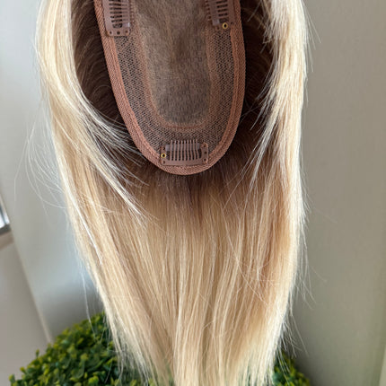 Till style remy human Hair Toppers with bangs bleach blonde brown roots