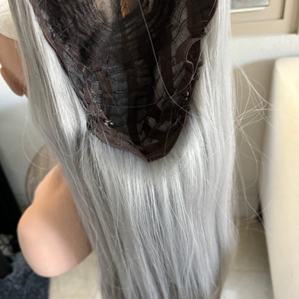 Tillstyle long silver grey wig with bangs straight wig for women 26 inch