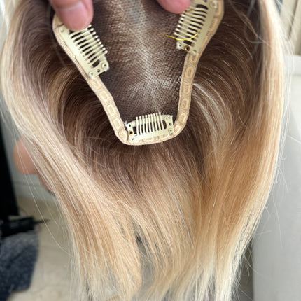 Till style remy human Hair Toppers with bangs blonde brown roots