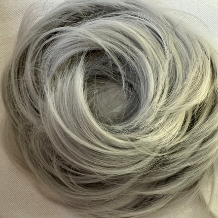 Tillstyle silver hairbun scrunchie with straight hair bangs tousled updo