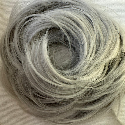 Tillstyle silver hairbun scrunchie with straight hair bangs tousled updo