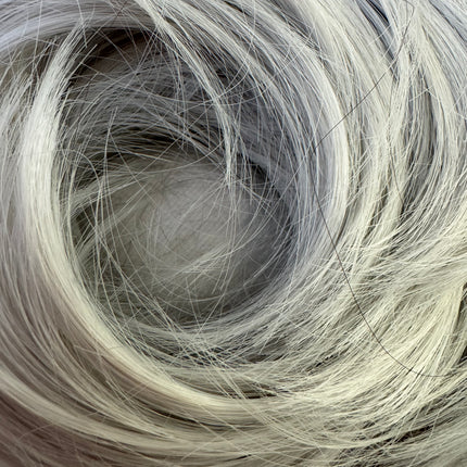 Tillstyle silver hairbun scrunchie with straight hair bangs tousled updo