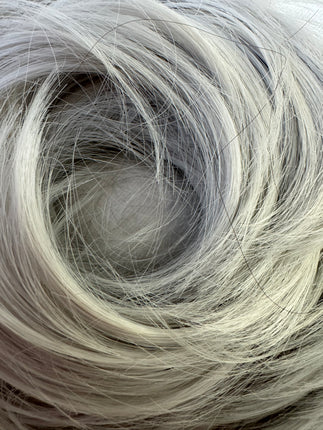 Tillstyle silver hairbun scrunchie with straight hair bangs tousled updo