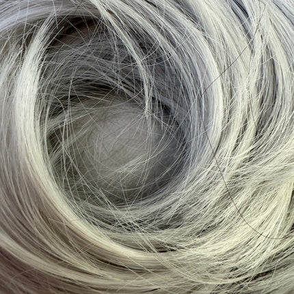 Tillstyle silver hairbun scrunchie with straight hair bangs tousled updo