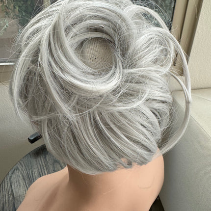Tillstyle silver hairbun scrunchie with straight hair bangs tousled updo