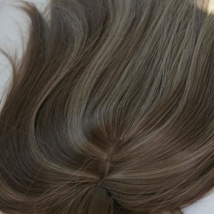Human Hair Topper With Bangs for Women Balayage Highlights (#4/27/4) medium ash brown /ash blonde