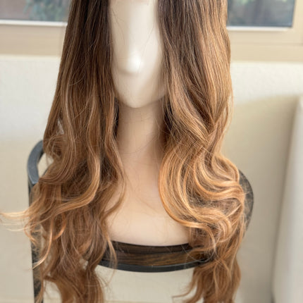 Tillstyle long ash brown honey blonde wavy wig for women 26 inch middle part curly wavy wig