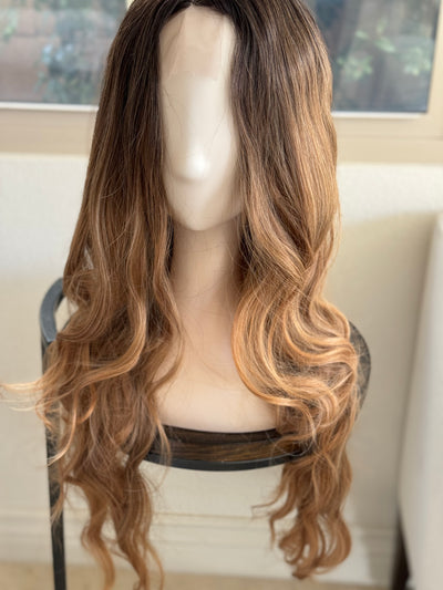Tillstyle long ash brown honey blonde wavy wig for women 26 inch middle part curly wavy wig