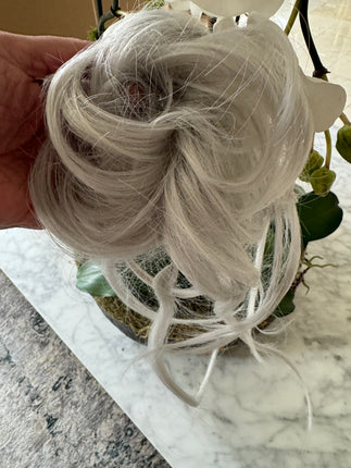 Tillstyle  white silver messy hair bun with bangs elastic hair bun