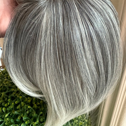 Till style  grey hair toppers for women with butterfly bangs Salt and Pepper pale white Mix Hair