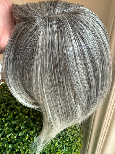 Till style  grey hair toppers for women with butterfly bangs Salt and Pepper pale white Mix Hair