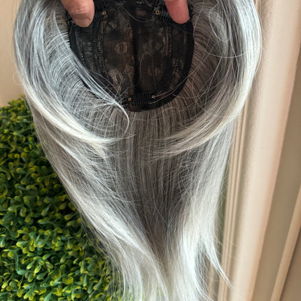 Till style  grey hair toppers for women with butterfly bangs Salt and Pepper pale white Mix Hair