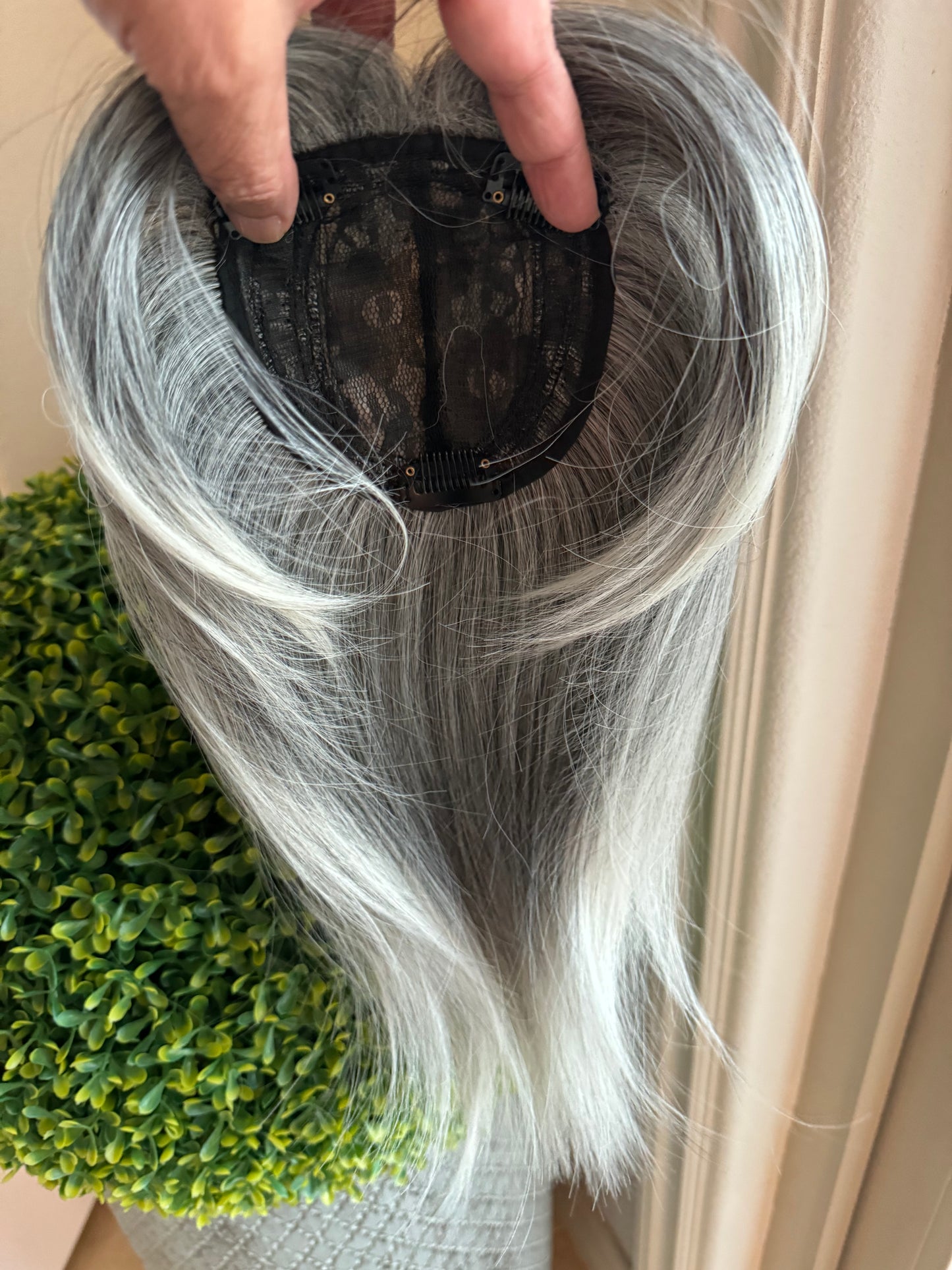 Till style  grey hair toppers for women with butterfly bangs Salt and Pepper pale white Mix Hair