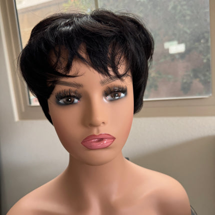 Black Short layered pixie wigs for women human hair wigs with bangs glueless