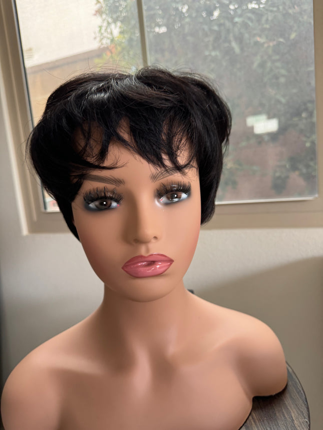 Black Short layered pixie wigs for women human hair wigs with bangs glueless